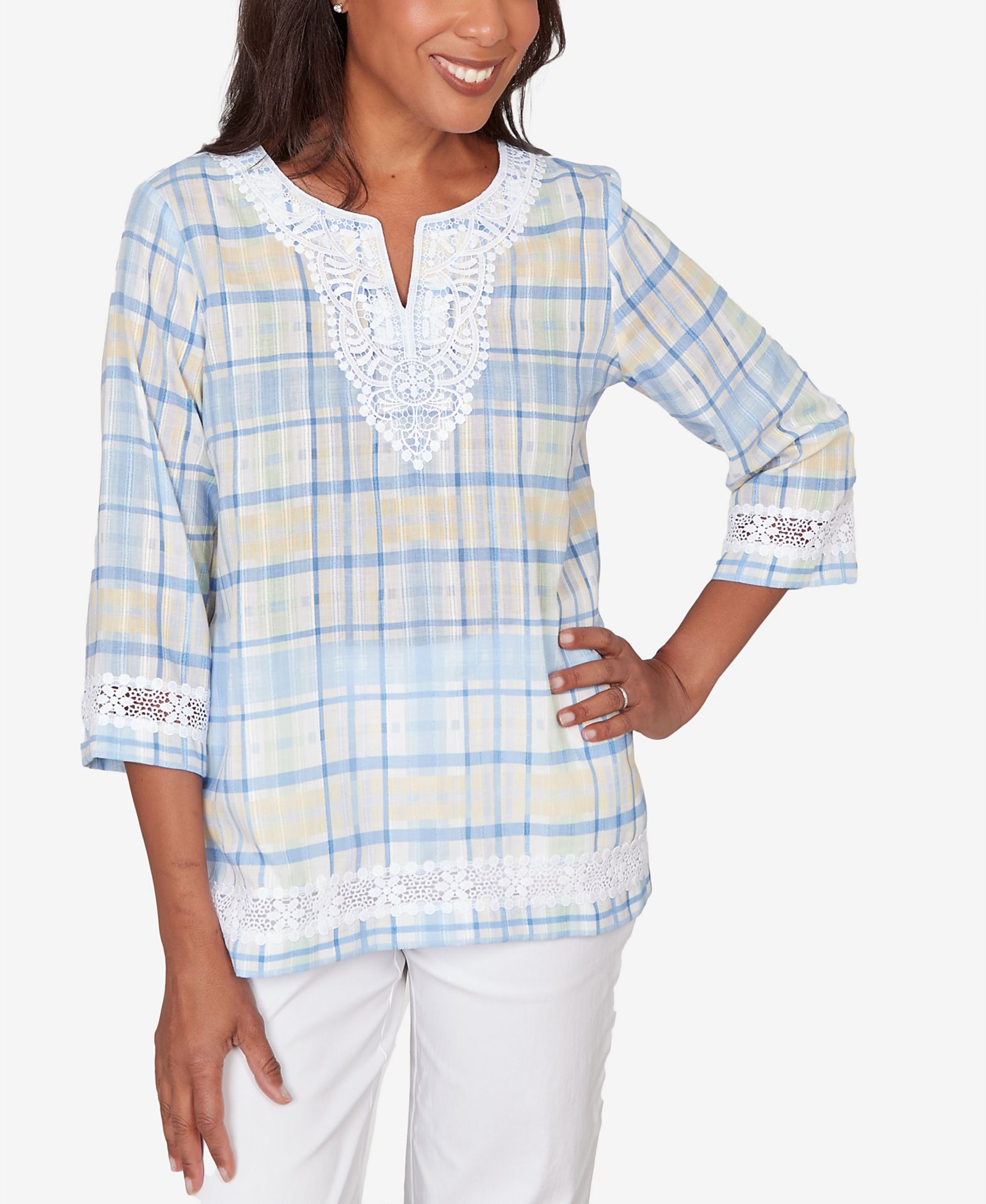Alfred Dunner Plus Size классический клетчатый топ с отделкой из кружева