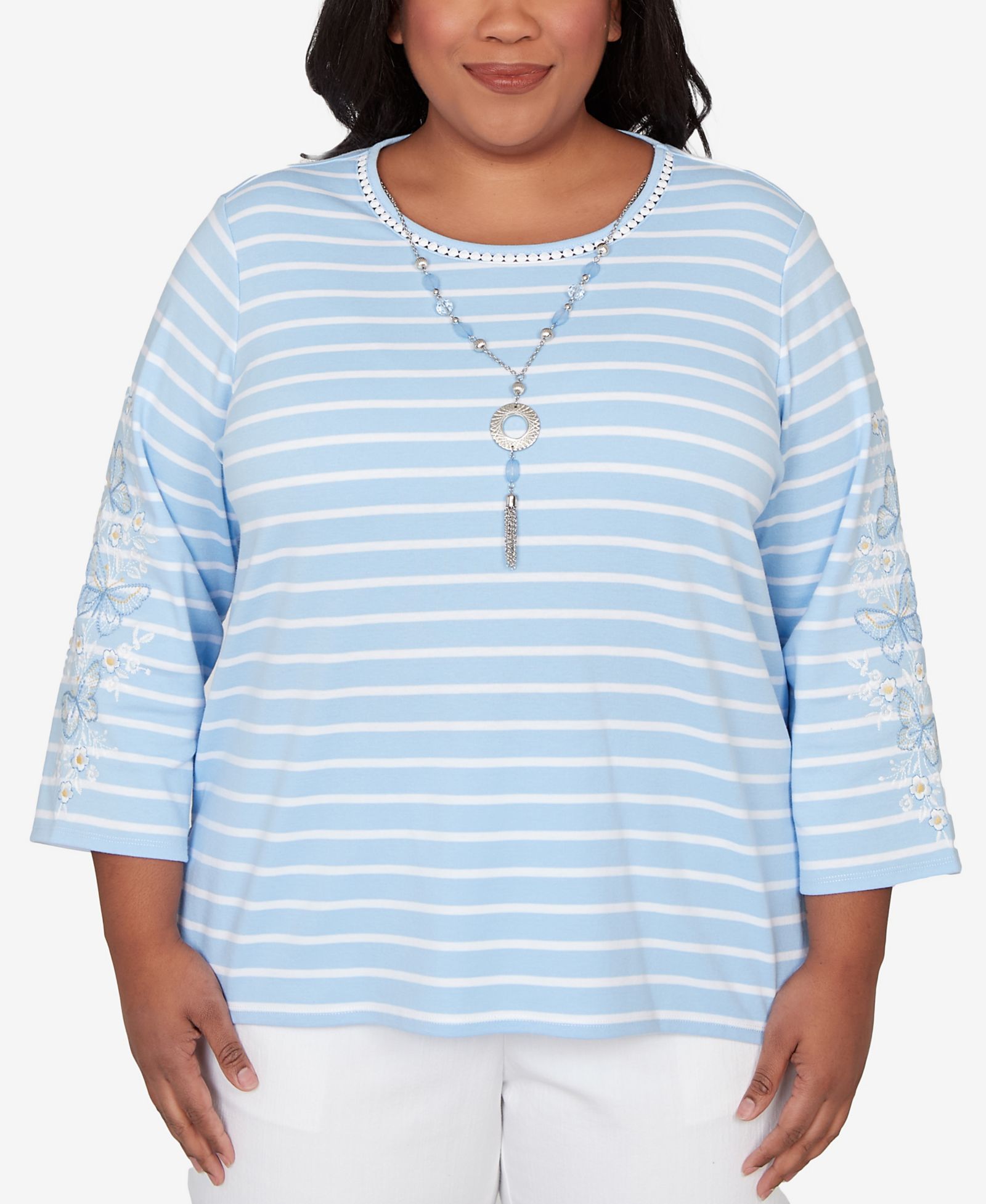 Alfred Dunner Plus Size Classic Stripe Cornflower Embroidered Sleeve Top with Necklace