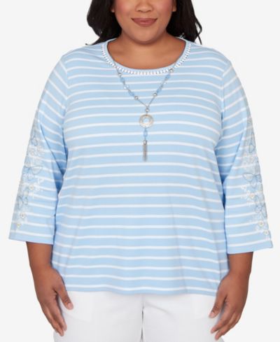 Alfred Dunner Plus Size классический полосатый топ с вышивкой на рукавах и ожерельем