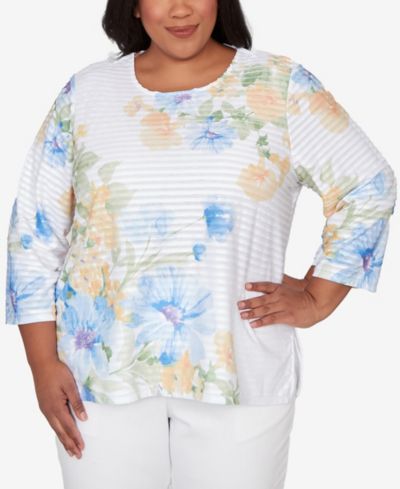 Alfred Dunner Plus Size Classic Placed Floral Stripe Top