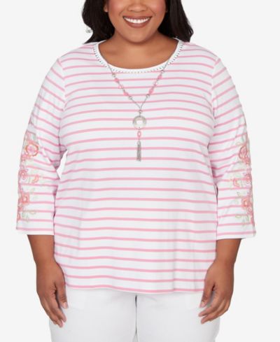 Alfred Dunner Plus Size Classic Stripe Embroidered Sleeve Top with Necklace