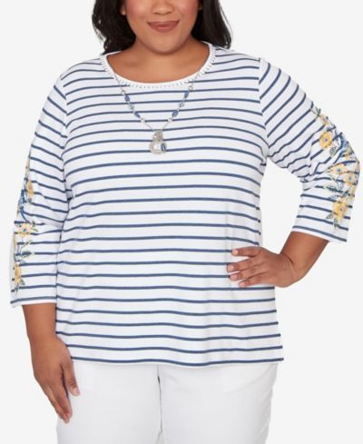 Alfred Dunner Plus Size Classic Floral Embroidered Stripe Top with Necklace