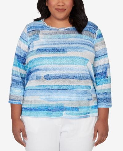 Alfred Dunner Plus Size Classic Brushstroke Biadere Embellished Neck Top