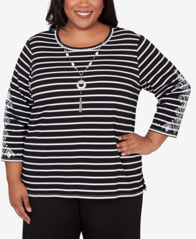 Alfred Dunner Plus Size Classic Pinstripe Embroidered Sleeve Top with Necklace