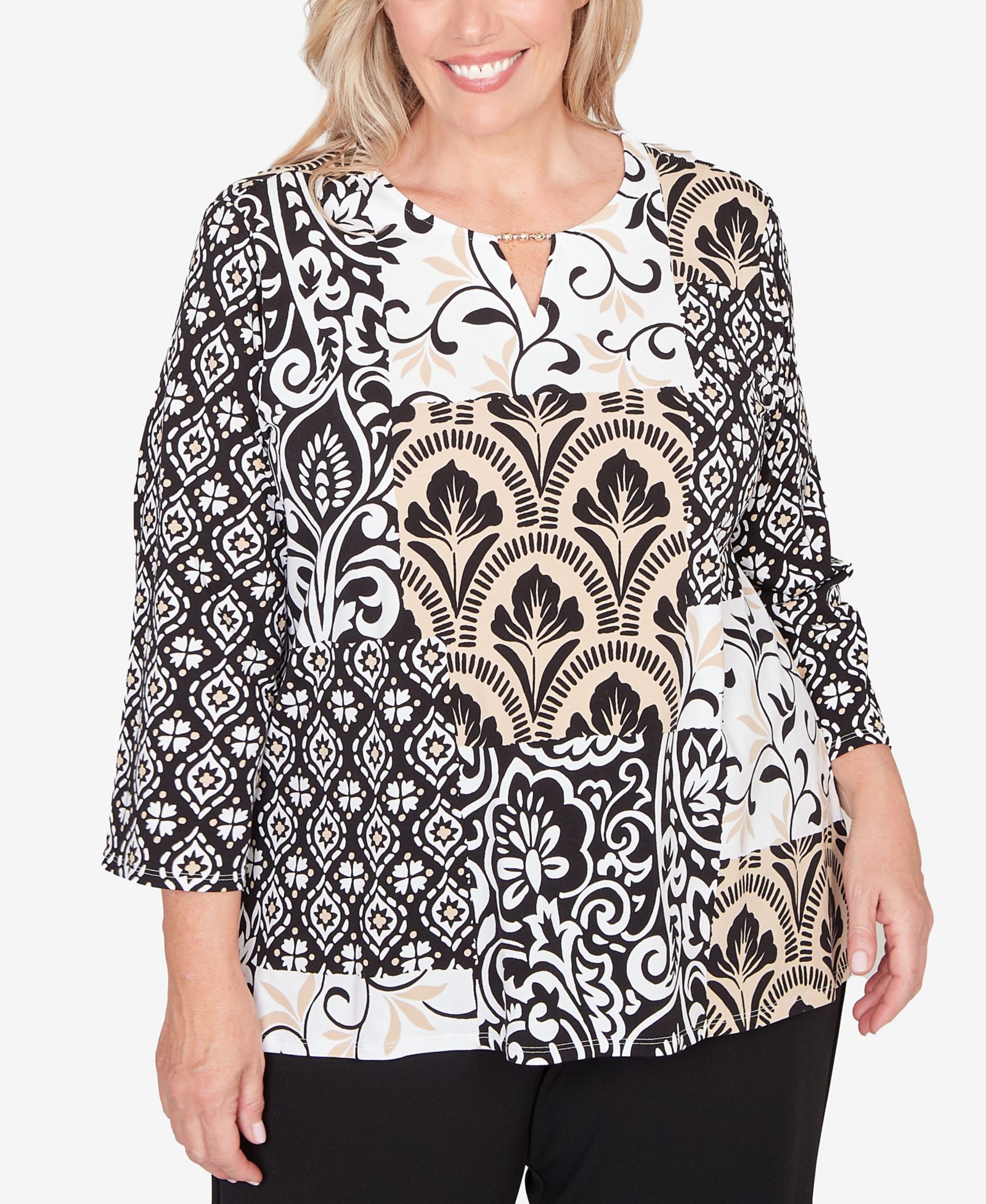 Alfred Dunner Plus Size Classic Geometric Scroll Patchwork Split Neck Top