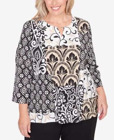 Alfred Dunner Plus Size Classic Geometric Scroll Patchwork Split Neck Top