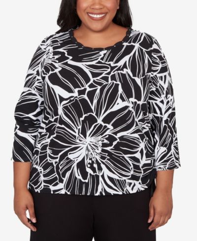 Alfred Dunner Plus Size Classic Floral Linework Side Tie Ruched Top
