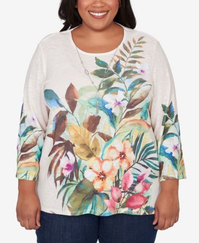 Alfred Dunner Plus Size Classic Tropical Print Top with Necklace