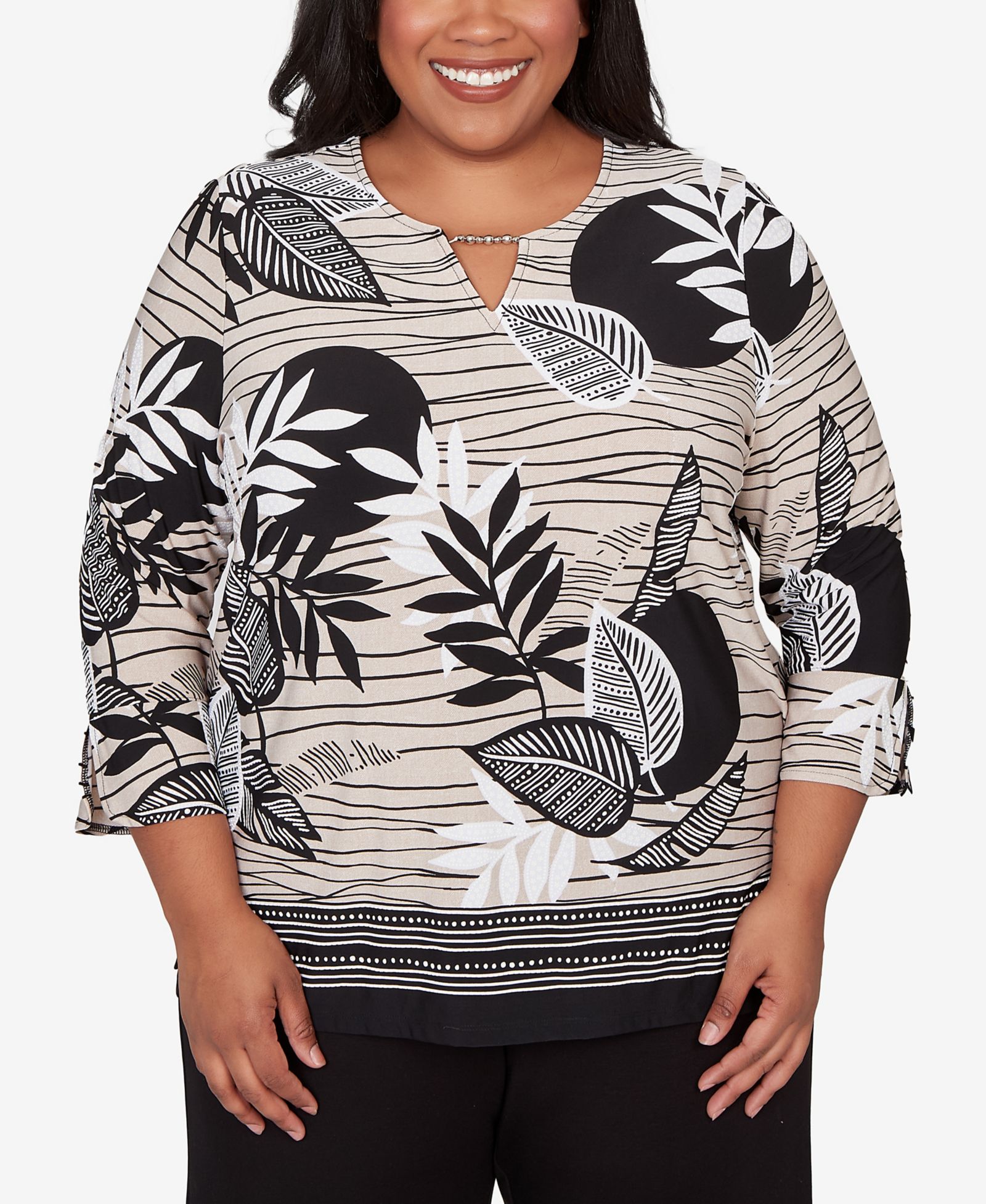 Топ Alfred Dunner Plus Size Classic Tropical Leaf Border Print Split Neck
