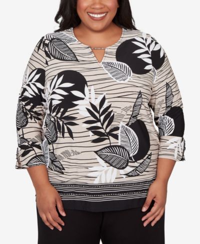 Alfred Dunner Plus Size Classic Tropical Leaf Border Print Split Neck Top