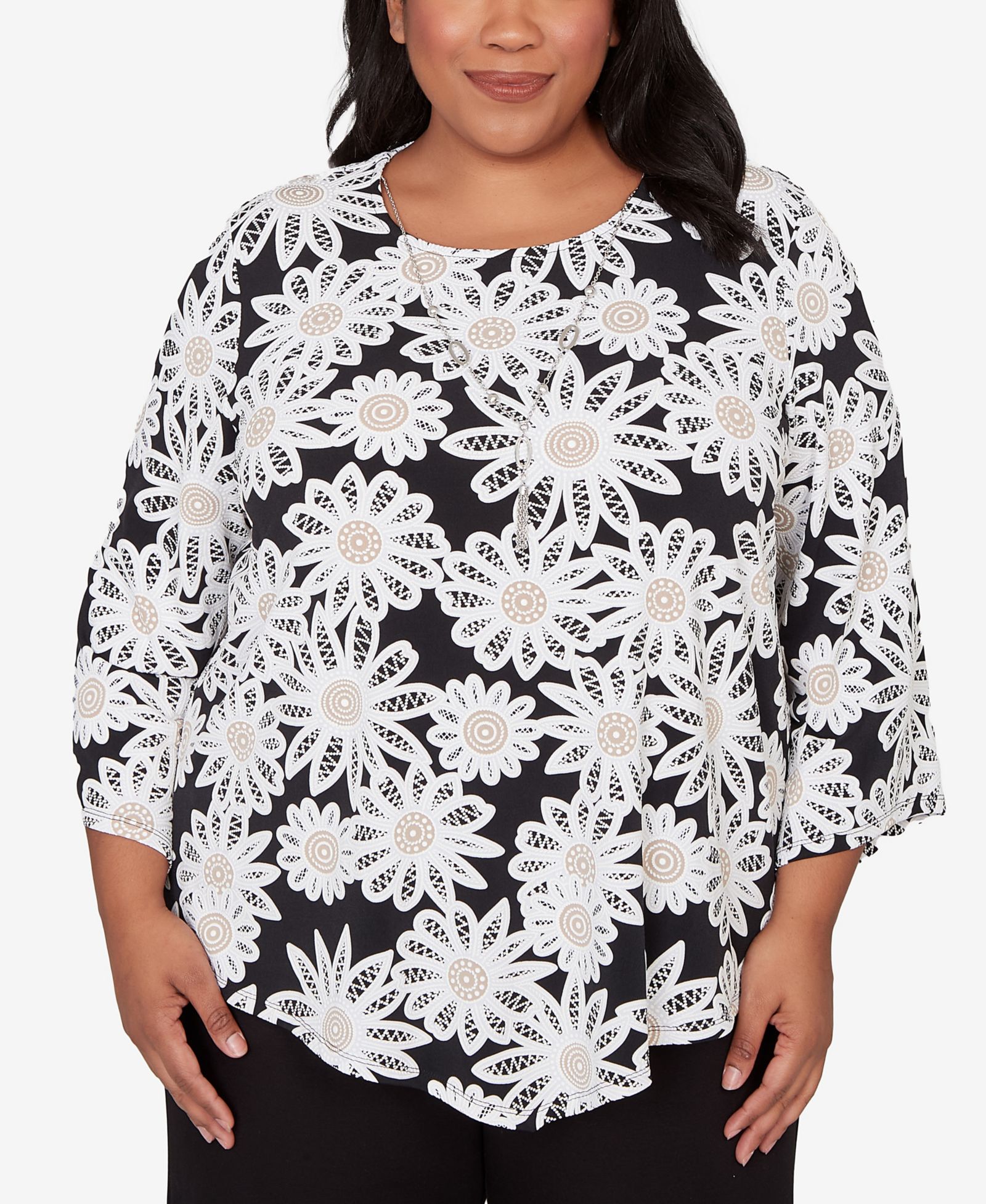 Alfred Dunner Plus Size Classic Daisy Pointed Hem Top with Necklace
