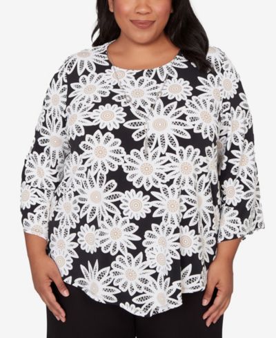 Alfred Dunner Plus Size Classic Daisy Pointed Hem Top with Necklace