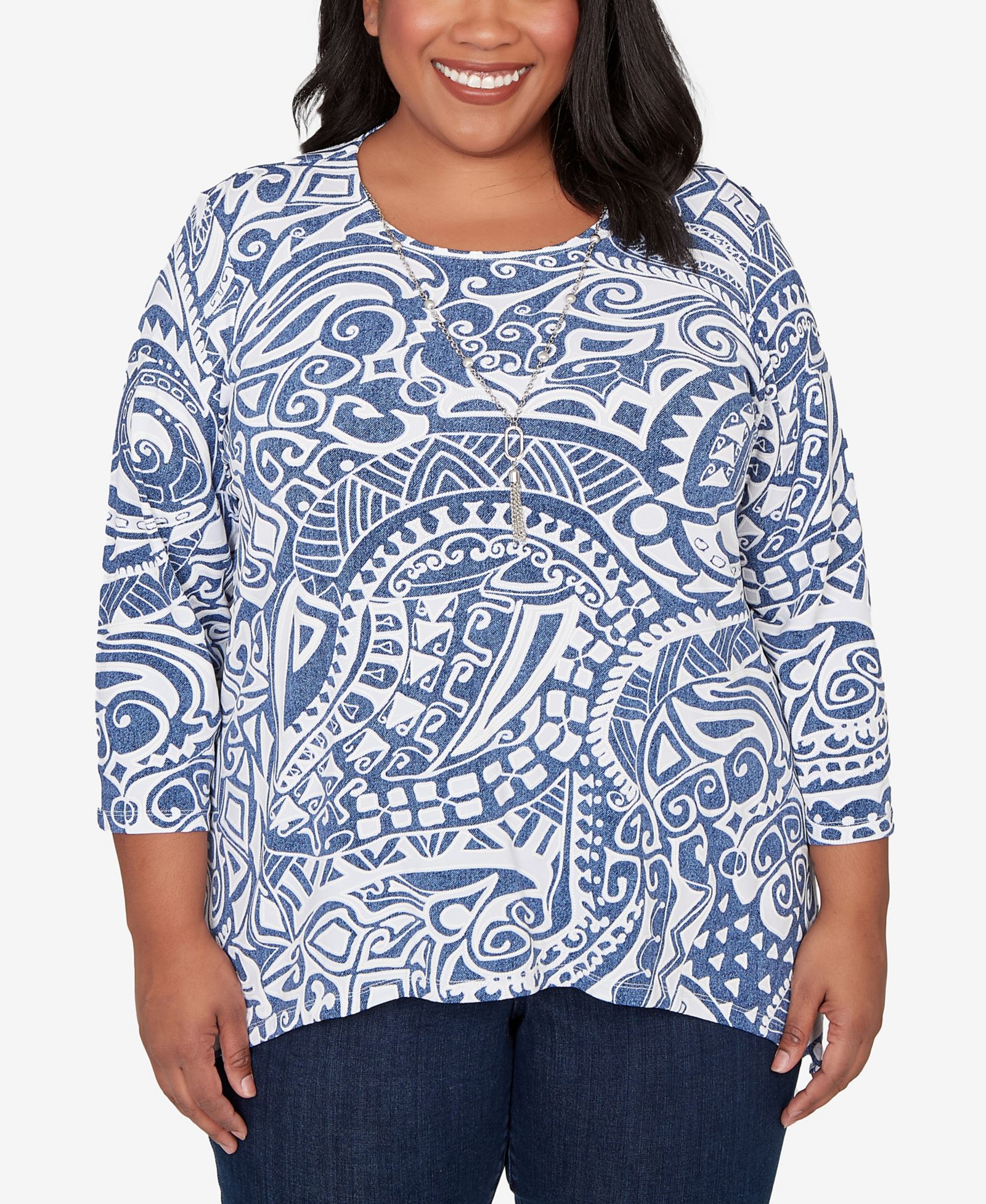 Alfred Dunner Plus Size Classic Paisley Swirl SharkBite Hem Top with Necklace