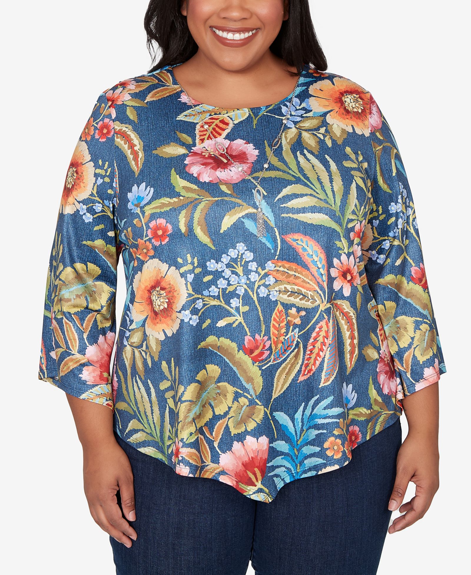 Alfred Dunner Plus Size Classic Floral Print Pointed Hem Top with Necklace