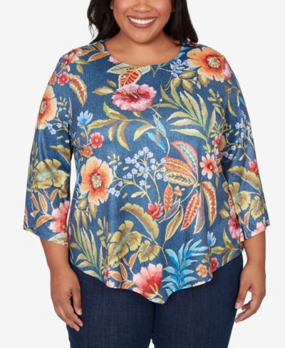 Alfred Dunner Plus Size Classic Floral Print Pointed Hem Top with Necklace