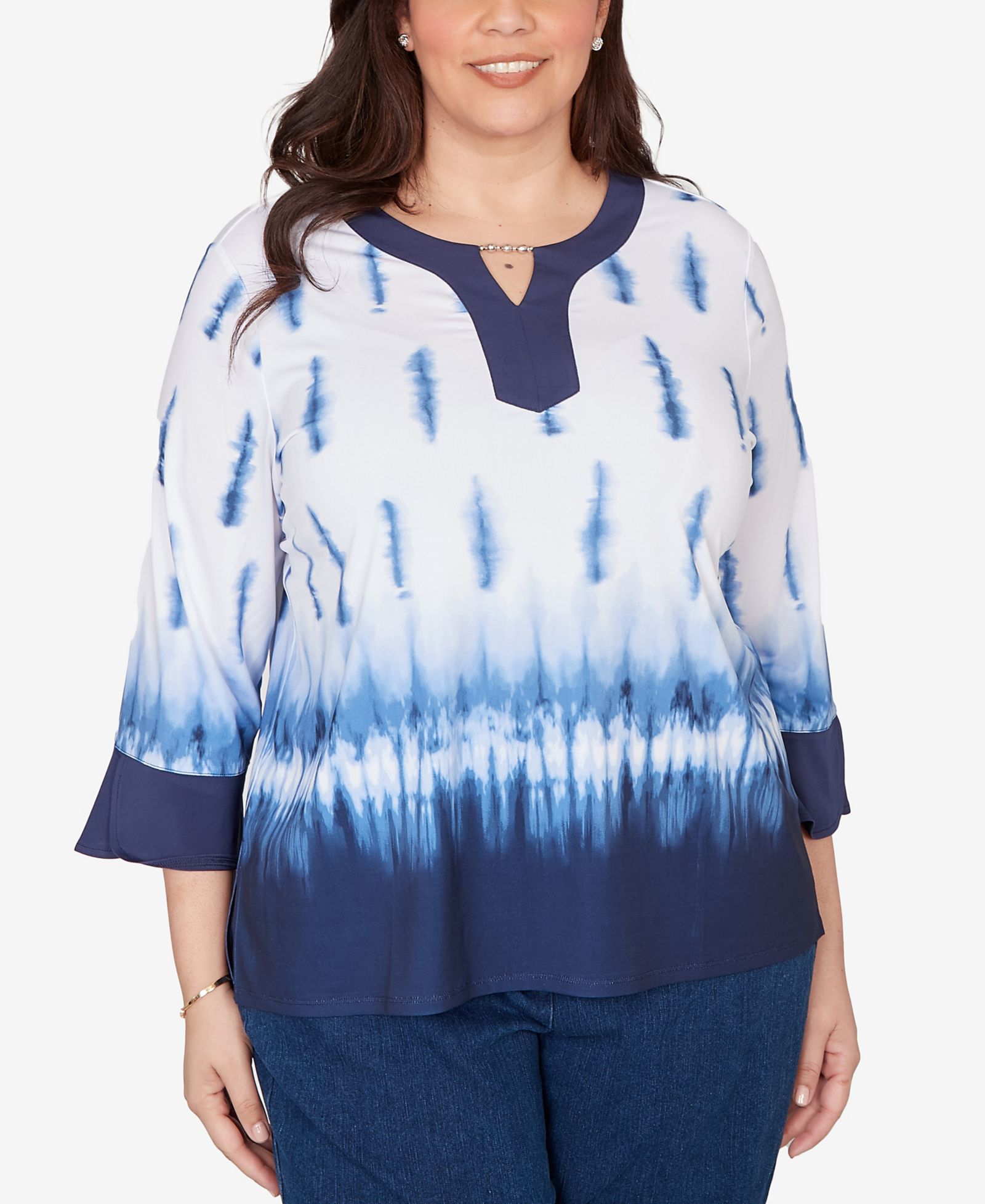 Alfred Dunner Plus Size Classic Tie Dye Border Split Neck Top