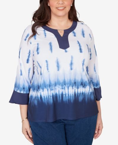 Alfred Dunner Plus Size Classic Tie Dye Border Split Neck Top