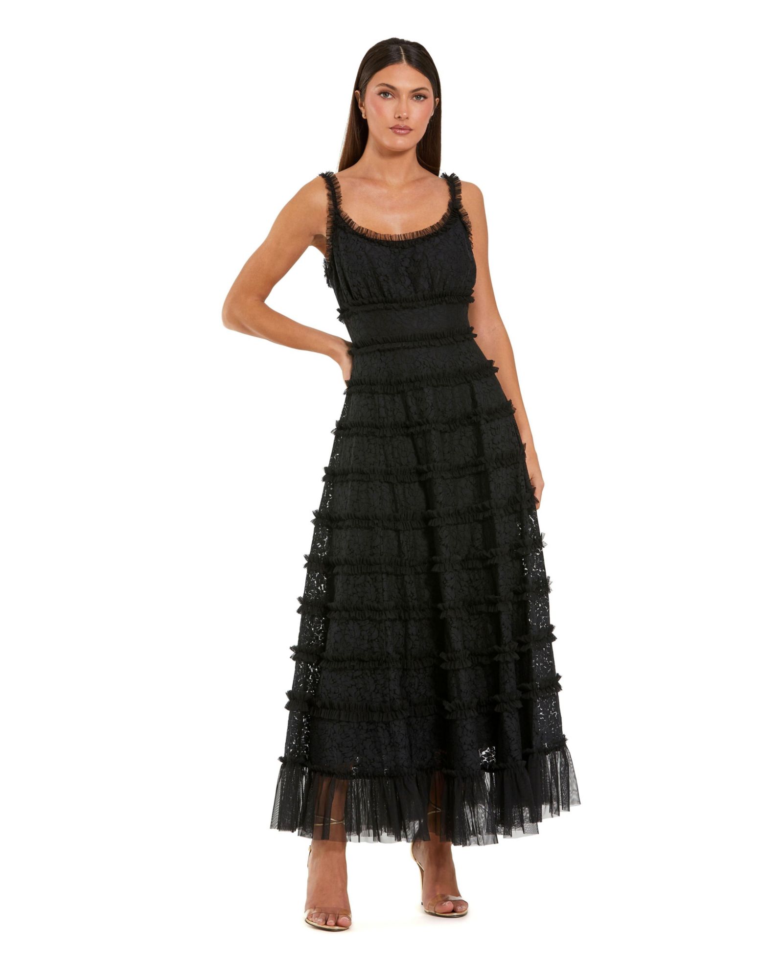 Mac Duggal Women's Sleeveless Lace A Line Midi Dress With Ruffles