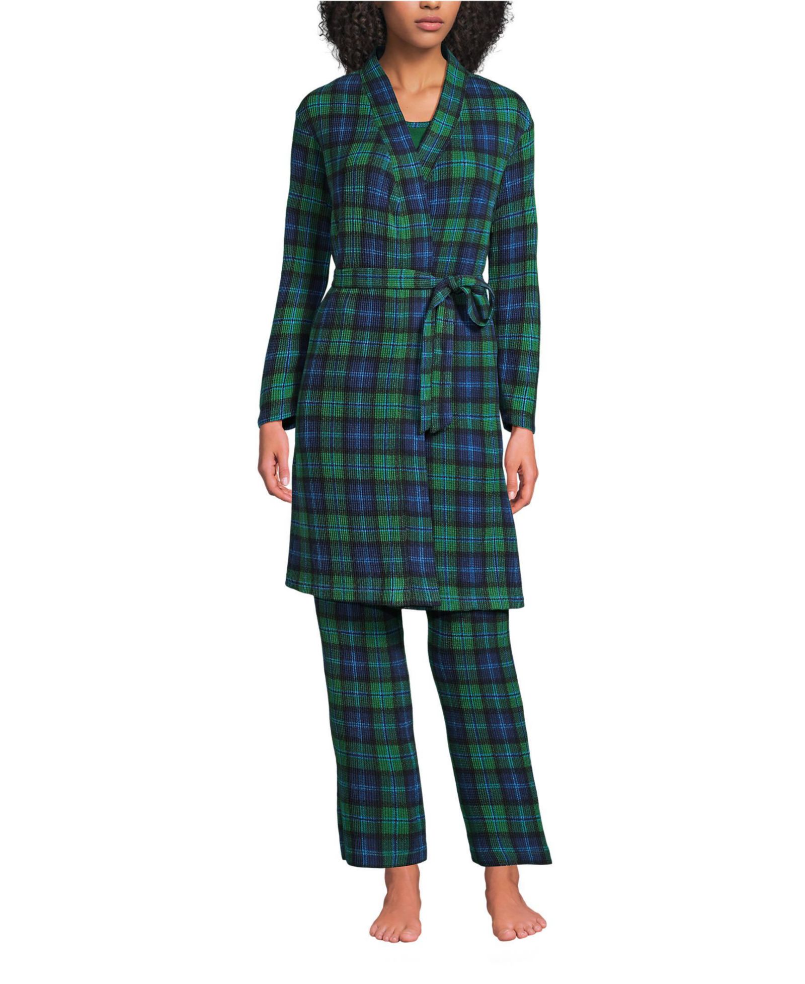 Lands' End Women's Petite Brushed Cozy Waffle Jersey 3 Piece Pajama Set - Tank Top Pant and Robe