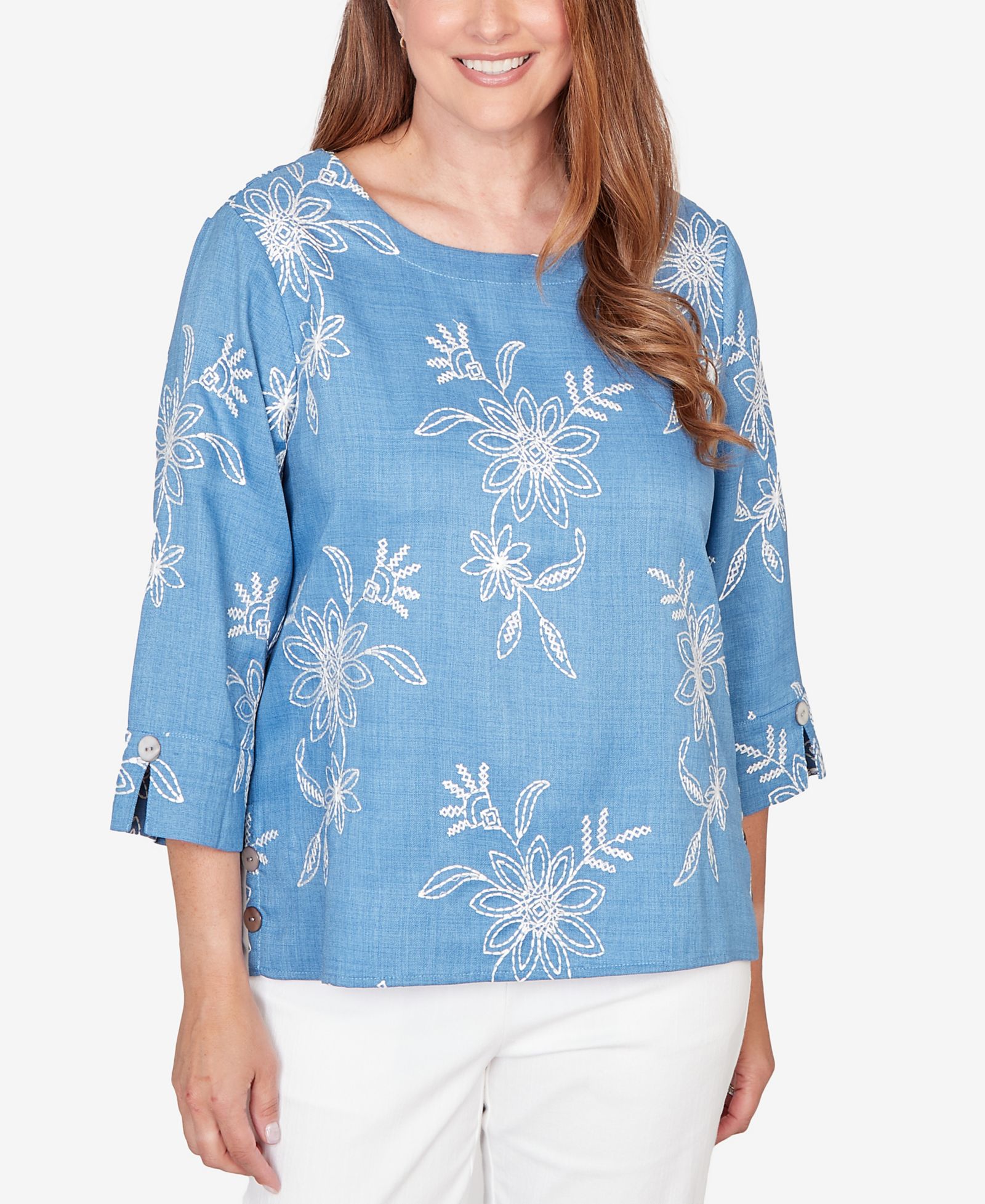 Alfred Dunner Women's Classic Tossed Floral Embroidered Top