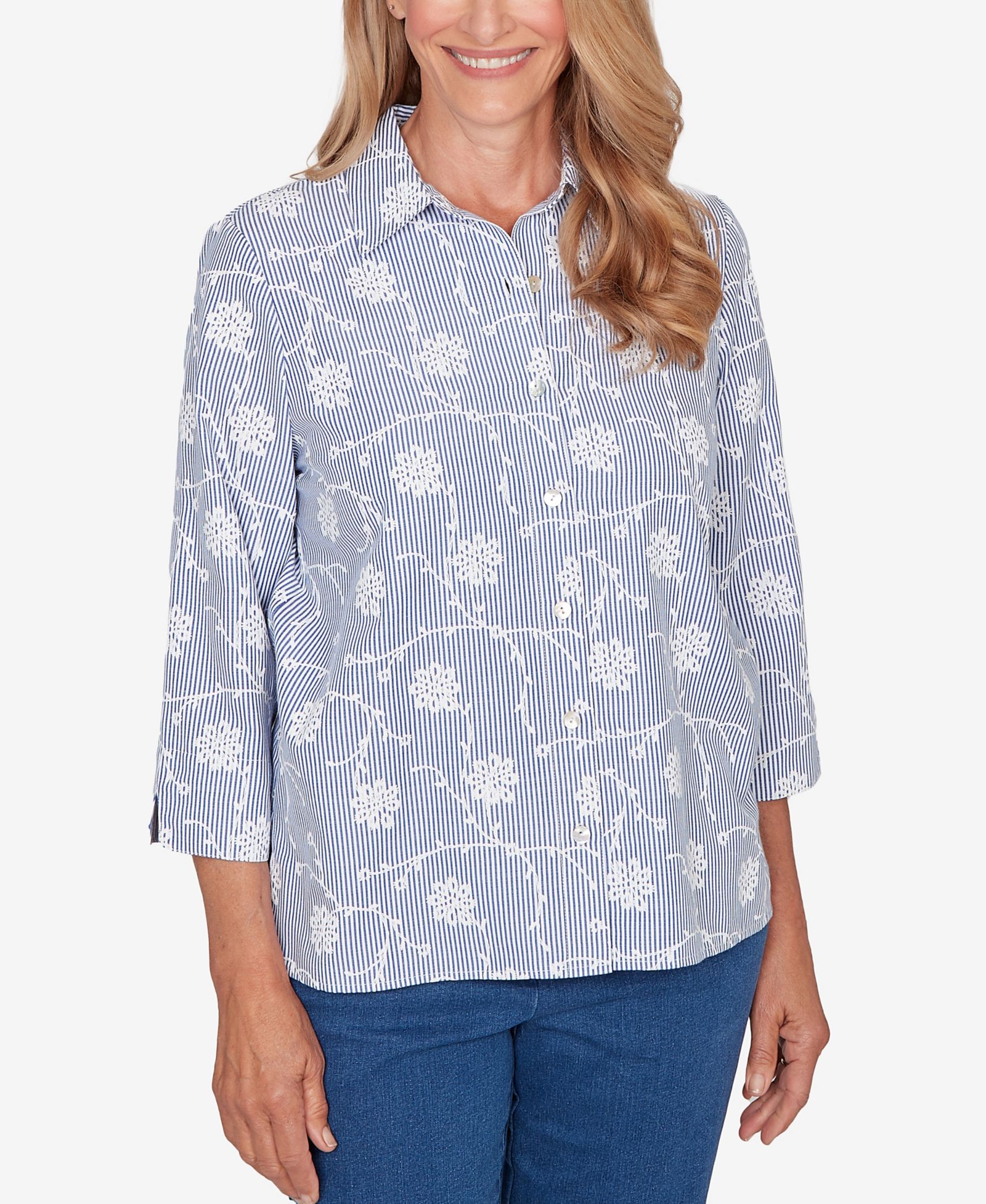Alfred Dunner Women's Classic Puff Print Pinstripe Embroidered Button Down Top