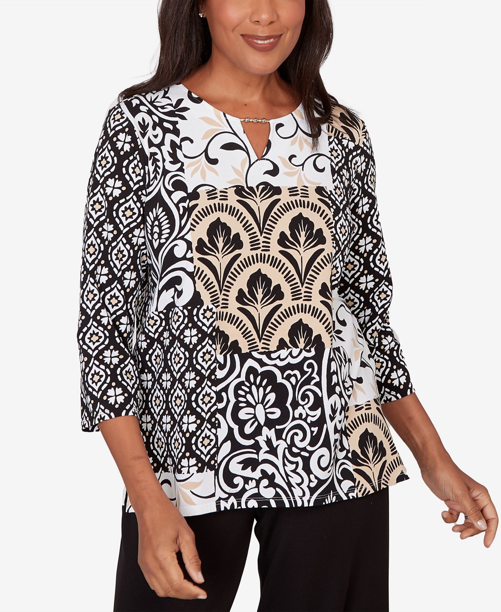 Alfred Dunner Women's Classic Geometric Scroll Patchwork Split Neck Top