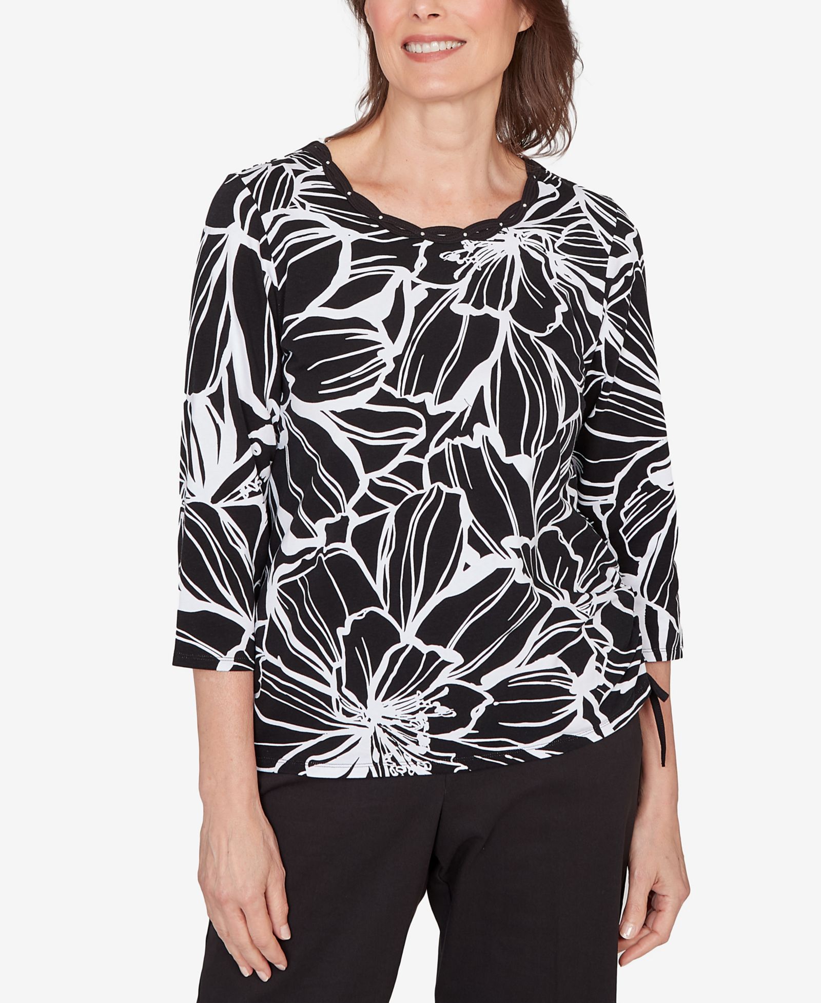 Alfred Dunner Women's Classic Floral Linework Side Tie Ruched Top
