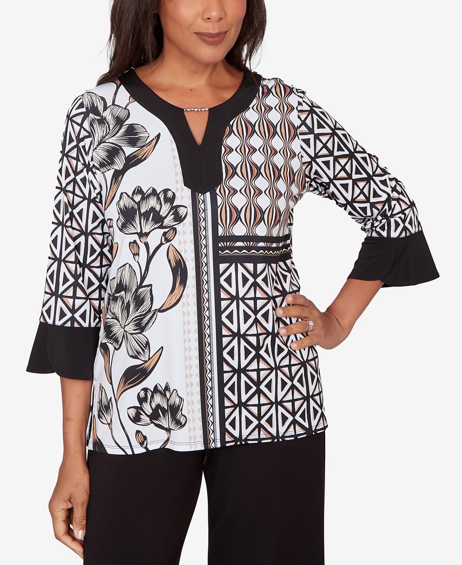Alfred Dunner Women's Classic Floral Geo Patchwork Split Neck Top