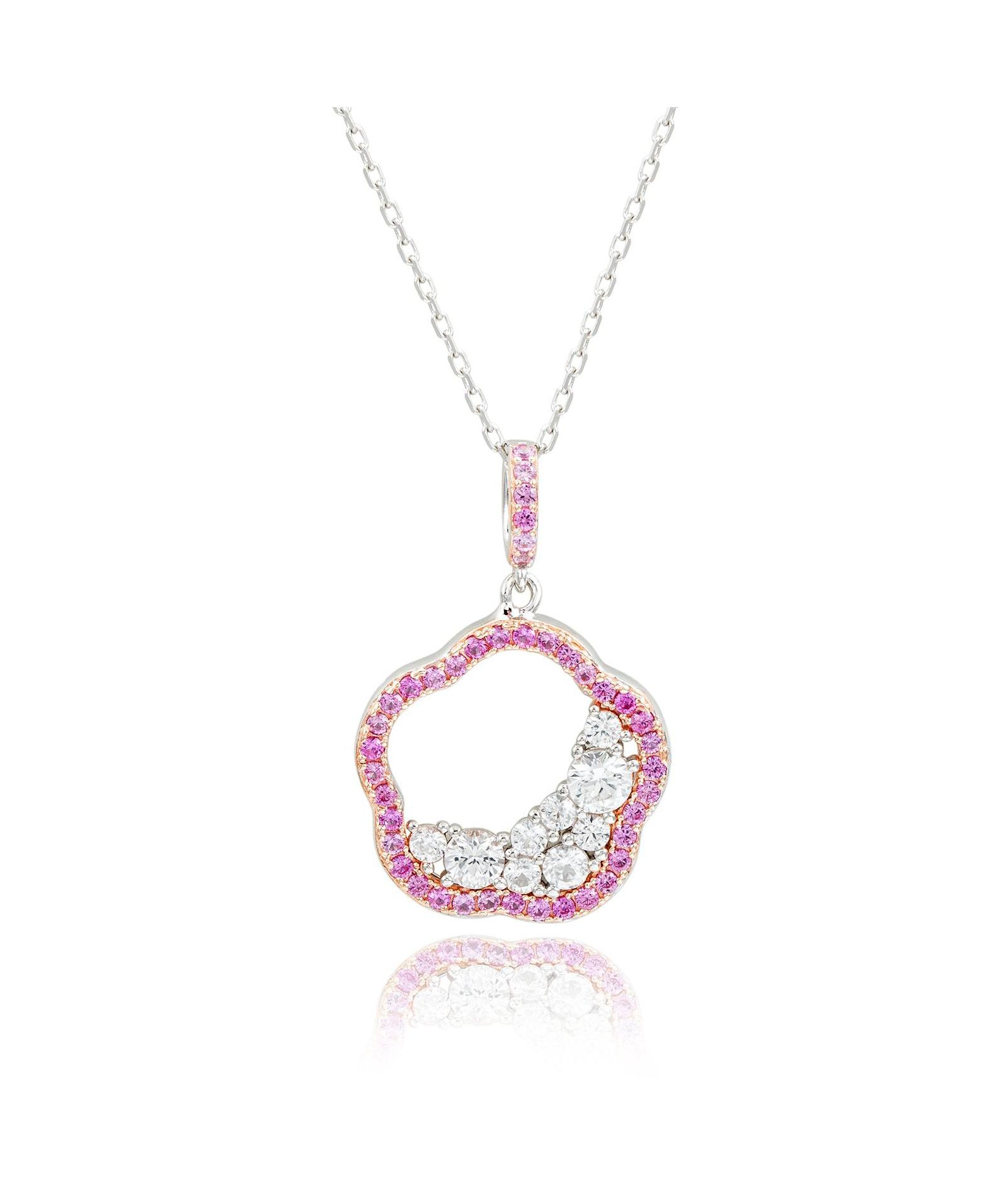 Suzy Levian New York Sterling Silver Pink Sapphire & Created White Sapphire Half Moon Cluster Flower Pendant