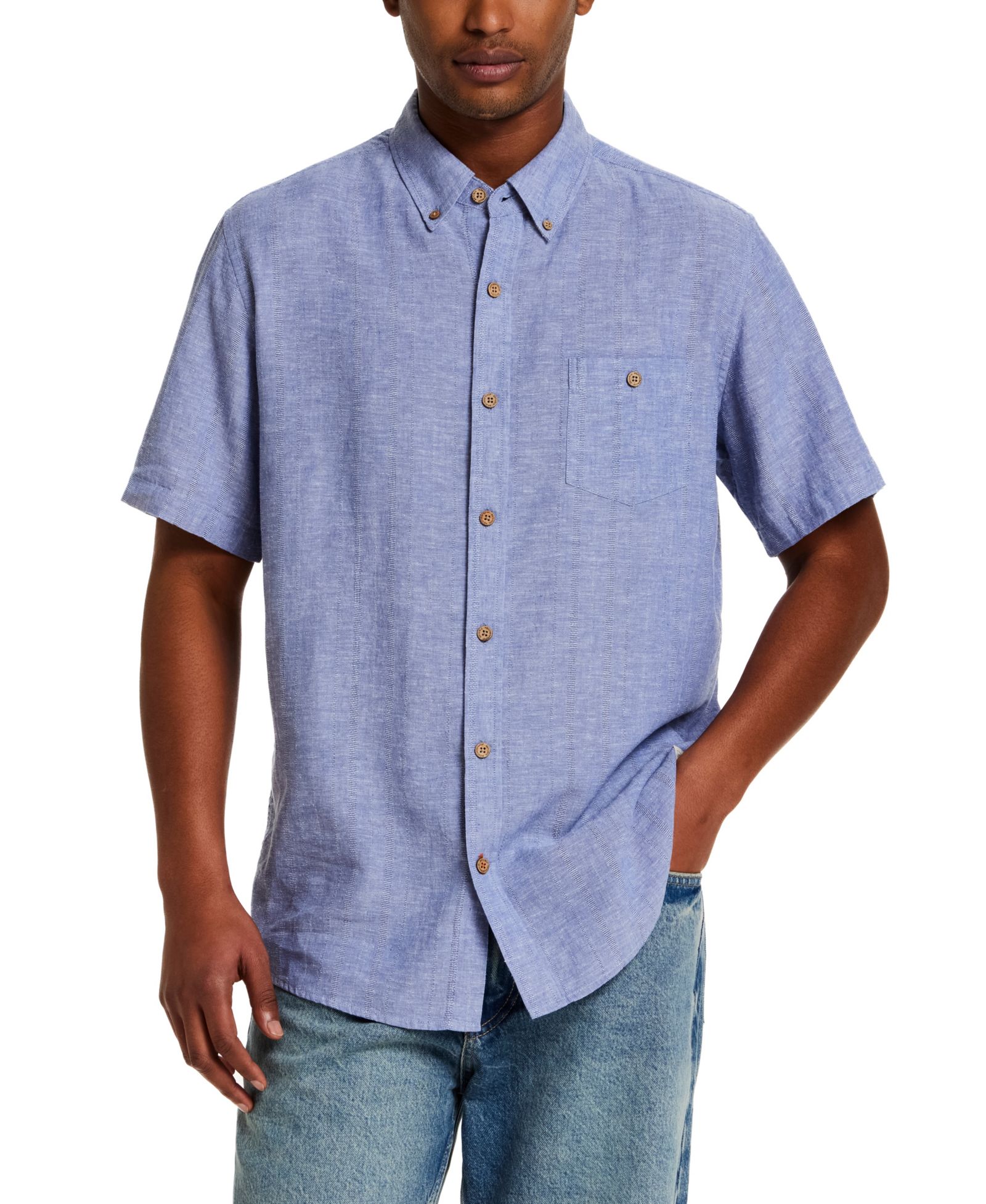 Weatherproof Vintage Men's Short-Sleeve Button Down Linen Cotton Vertical Dobby Striped Shirt