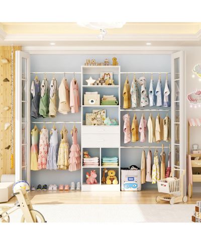 Aheaplus 4-8 FT Walk-in Adjustable Closet Organizer System with 2 Drawers and 5 Rods, Fits 60-96'' Closets