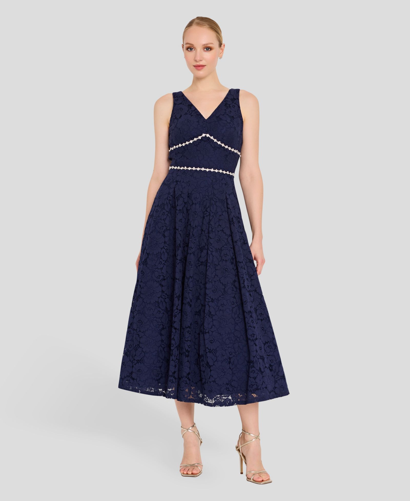 Tahari ASL Women's V-Neck Lace Tea Length Ball Gown