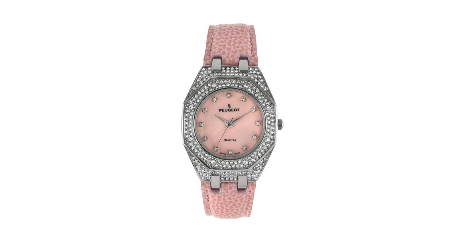 Peugeot Women's 37mm Pink Watch with Crystal Bezel Leather Band