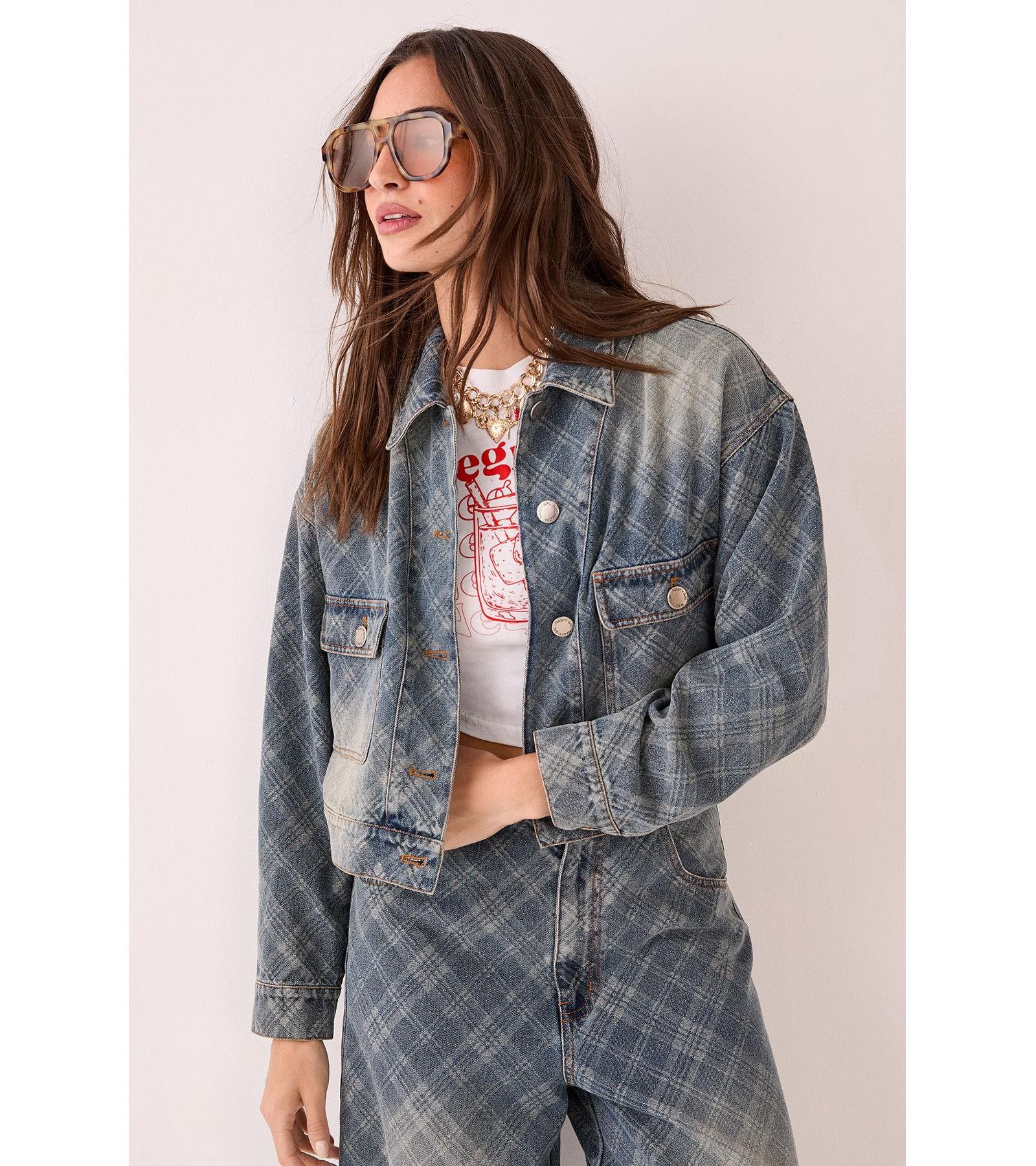 Nasty Gal Women's Check Denim Distressed Jacket