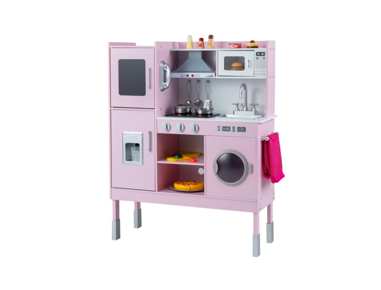 Hongge Adjustable-Height Range Hood Ice Maker Play Kitchen with 16 Accessories, Ages 3+