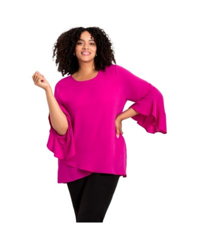 AVENUE Plus Size Женская блузка с рюшем на рукавах и волнообразным подолом