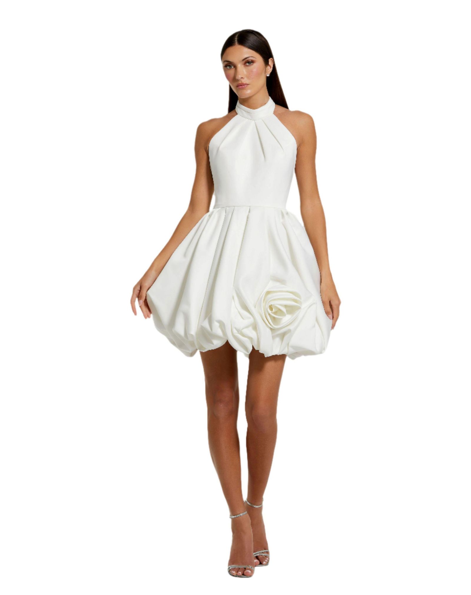 Mac Duggal Women's Satin High Neck Sleeveless Bubble Hem Mini Dress