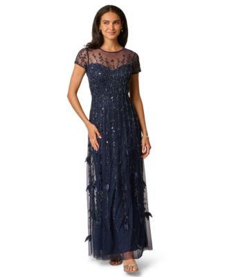 Adrianna Papell Women's Crew Neck Beaded 3D Petal Gown