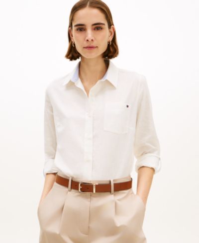 Tommy Hilfiger Women's Linen Roll-Tab Sleeve Collared Shirt