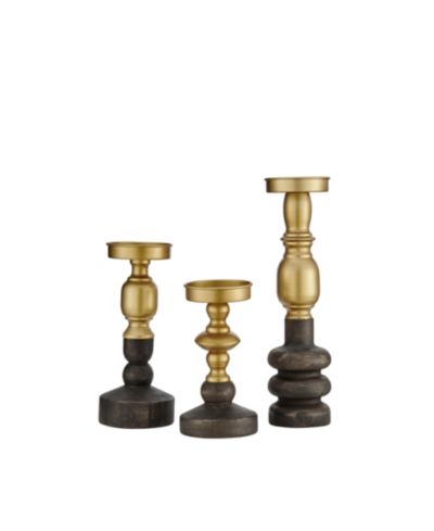 Danya B Nara Antique Brass and Vintage Wood Taper Candle Holders - Set of 3