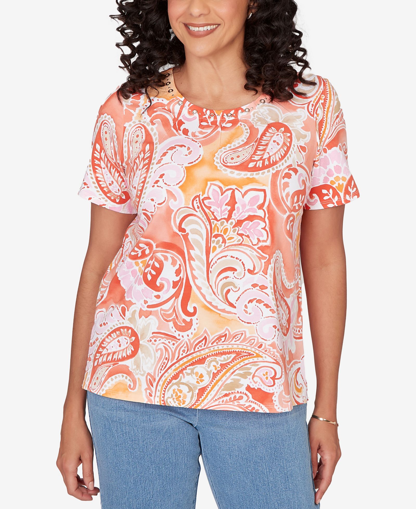 Alfred Dunner Petite Paisley Beaded Neck Pleated Top
