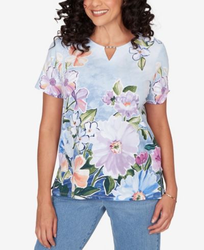 Alfred Dunner Petite Artisan Floral Split Neck Top