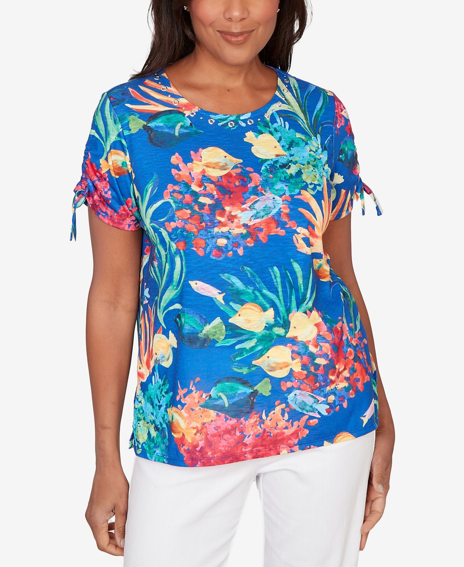 Alfred Dunner Petite Tropical Reef Tie Sleeve Top