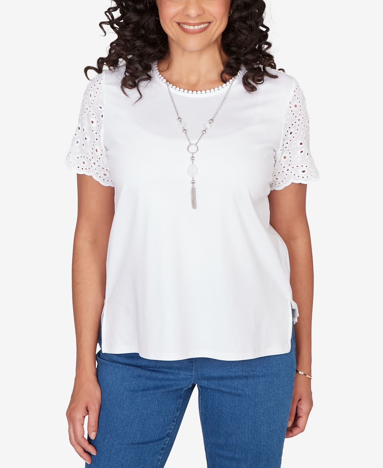 Alfred Dunner Petite Classic Solid Eyelet Sleeve Top with Necklace
