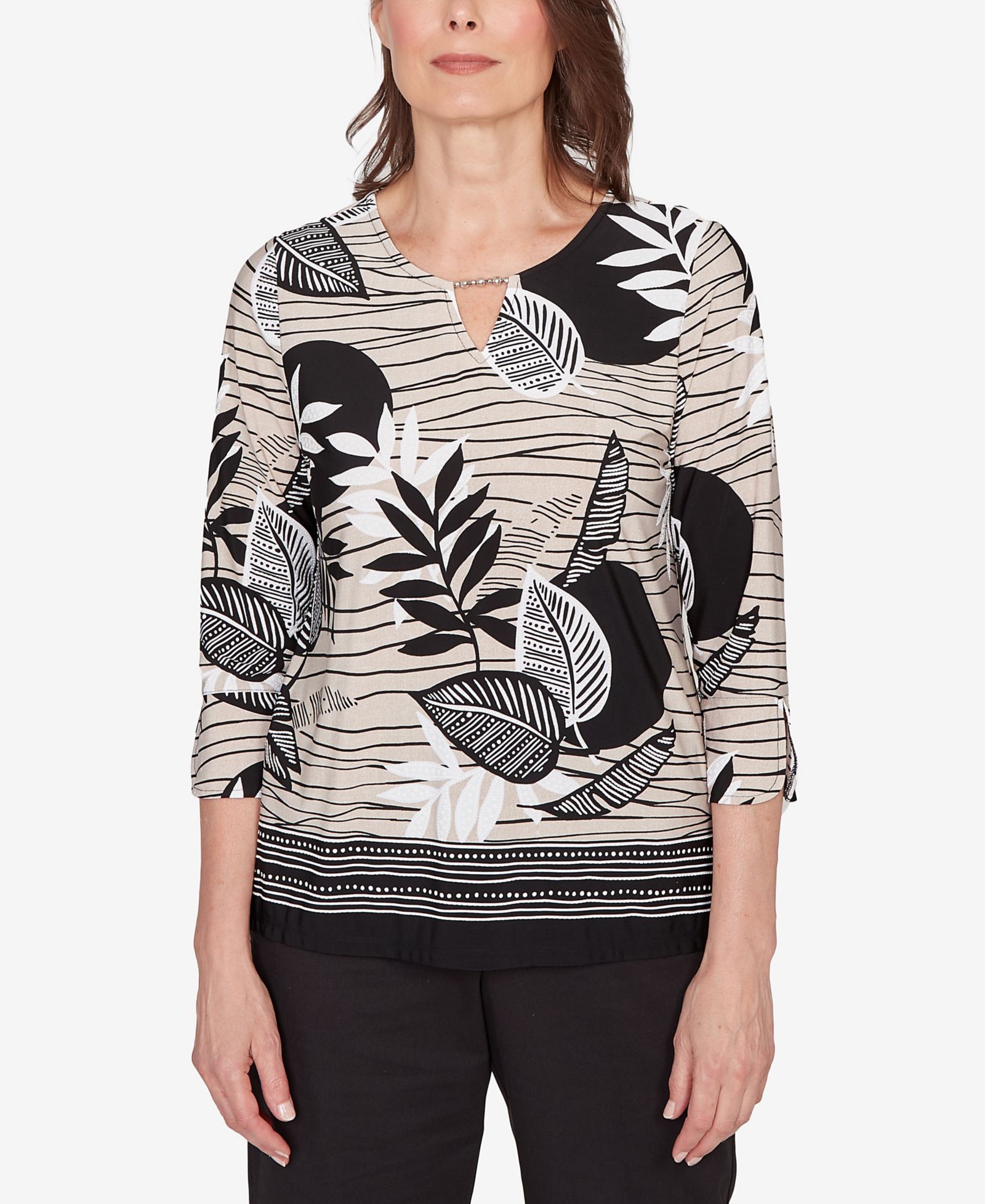 Женский топ Alfred Dunner Petite Classic Tropical Leaf Border Print Split Neck