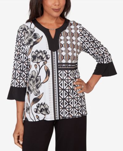 Alfred Dunner Petite Classic Floral Geo Patchwork Split Neck Top