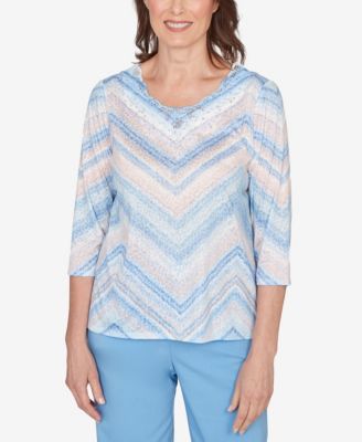 Alfred Dunner Petite St. Augustine Chevron Print Lace Trim Crew Neck Top