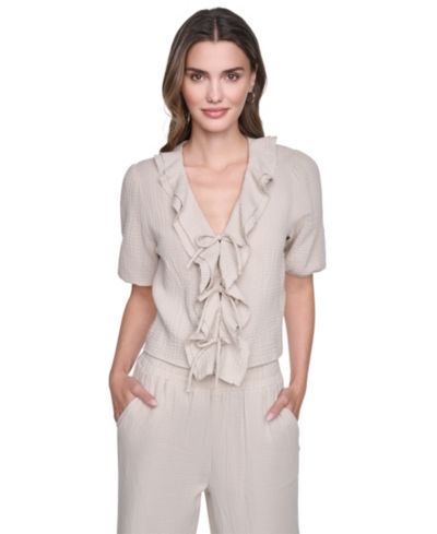 Женская рубашка DKNY Jeans V-Neck Short Puff-Sleeve Tie-Front
