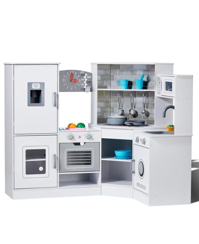 Sugift Corner Wooden Play Kitchen with Electronic Sounds & LED Display, 24-Piece Set, Ages 3+