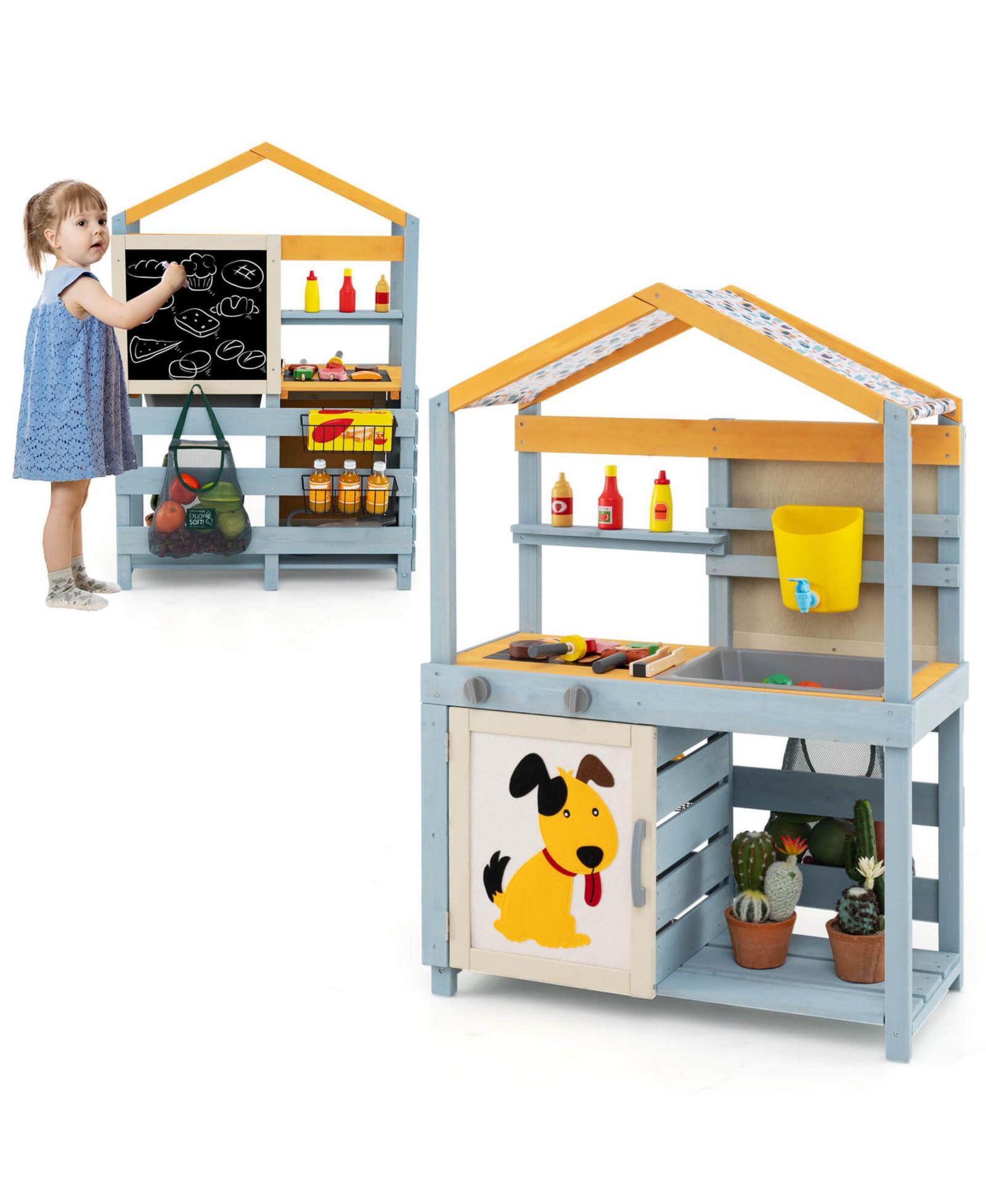 Игровая кухня Costway 2-in-1 Wooden Outdoor Mud Kitchen and Grocery Store с раковиной